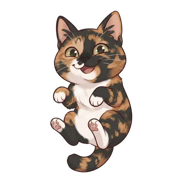 Custom tortoiseshell cat sticker in a different pose (example 5)